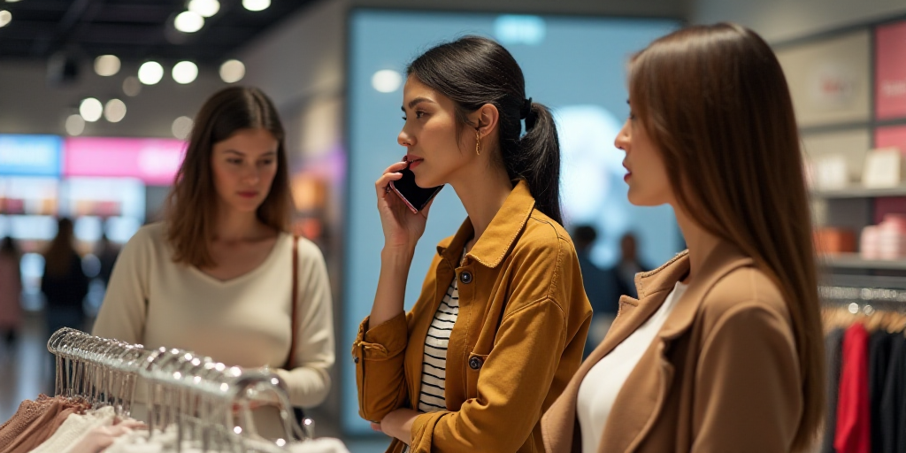 three women are shopping in a store and one is talking on her phone while the other looks at the pro