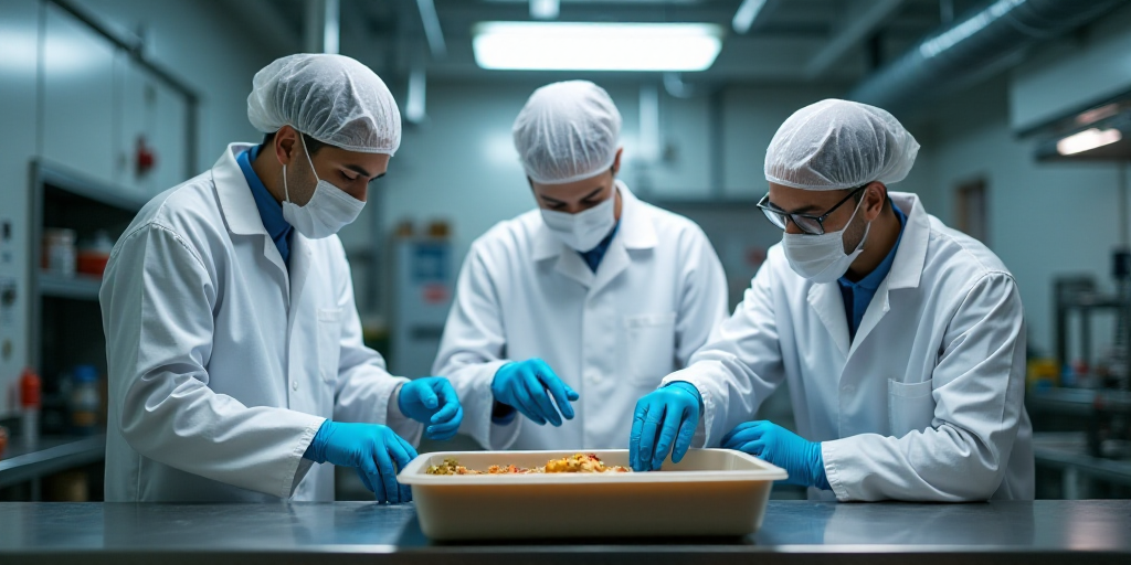three workers in white coats and blue gloves are working in a factory with a container of food in fr
