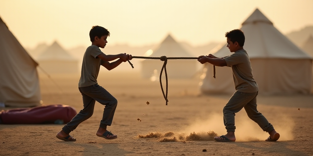 two boys playing tug of war in a dirt field with tents in the background and a sleeping bag on the g