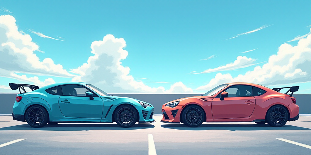 two cars parked in a parking lot next to each other on a sunny day with blue sky and clouds, Ai-Mits