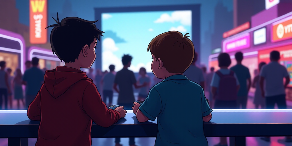 two children playing a video game at a convention table with a large screen tv in the background and