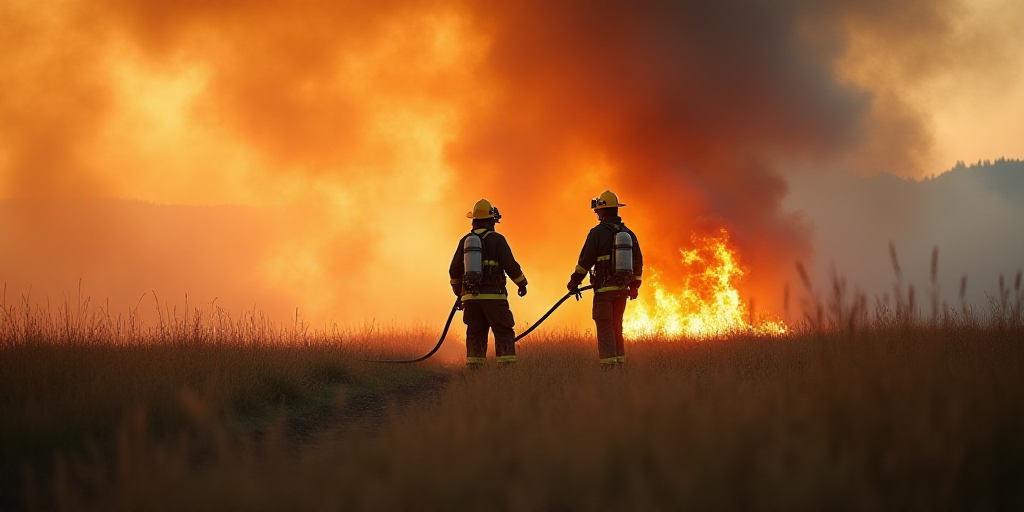two fire fighters are using a hose to extinguish a fire in the field with a large amount of smoke, A