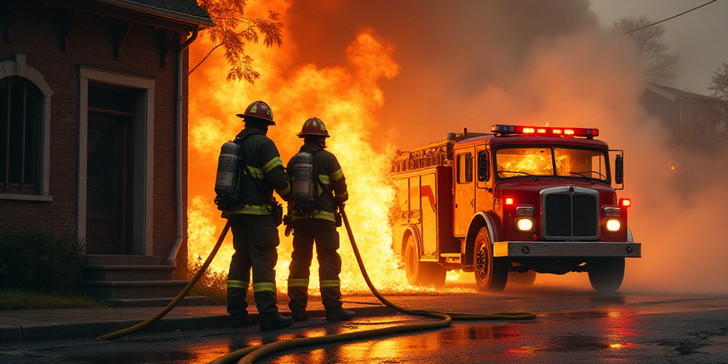 two firemen are putting out a fire in a building with a fire hose in front of them and a fire truck