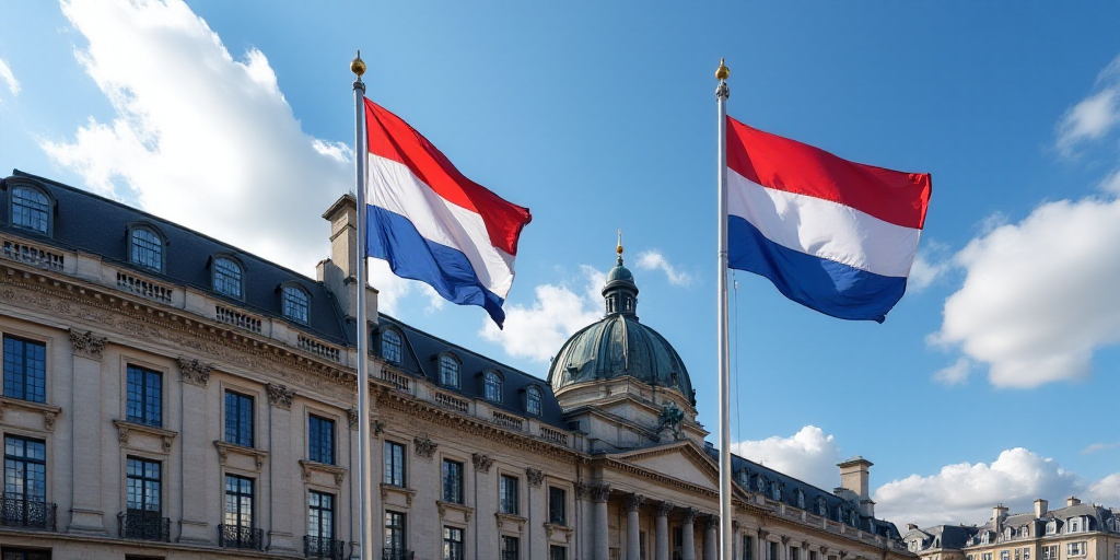 two flags are flying in front of a building in the city of london, england, on a sunny day, Eugeen V