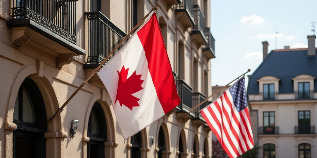 two flags are hanging from a building with a clock on it's side and a flag on the other side, Aquira