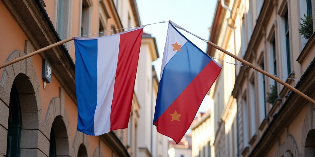 two flags are hanging from a building with a clock on it's side and a flag on the other side, Aquira