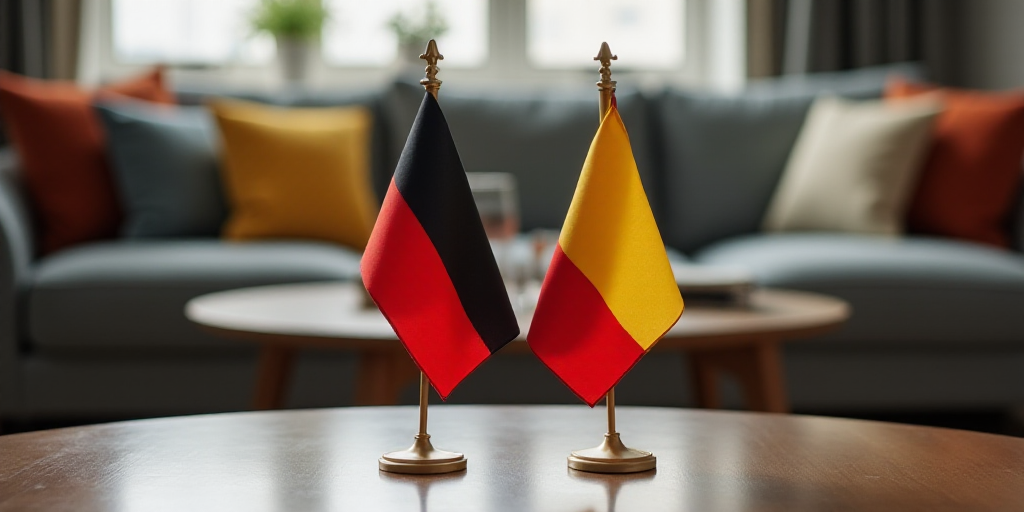 two flags are placed on a table in front of a couch and a coffee table with a couch behind it, Brend