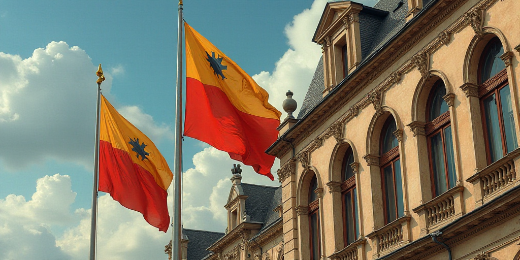 two flags flying in front of a building with a sky background and a few clouds in the background,, F