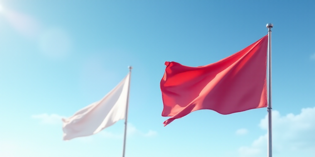two flags flying in the wind on a clear day with a blue sky in the background and a red one in the f
