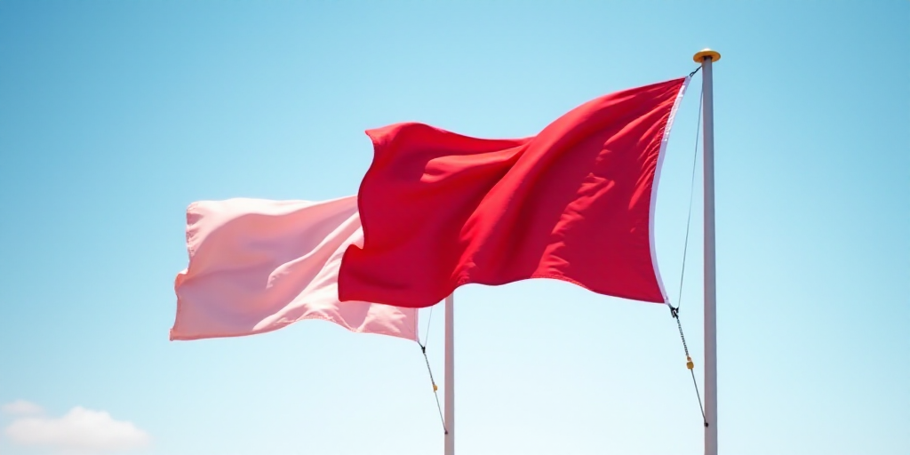 two flags flying in the wind on a clear day with a blue sky in the background and a red one in the f