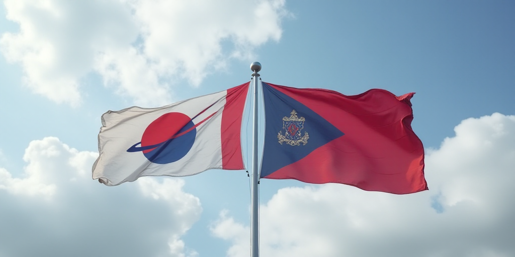 two flags flying next to each other on a cloudy day in the sky with a spacex logo on it, Andries Sto