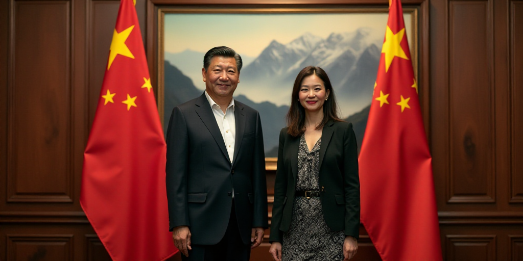 two men and a woman standing in front of flags in a room with mountains in the background and a pain