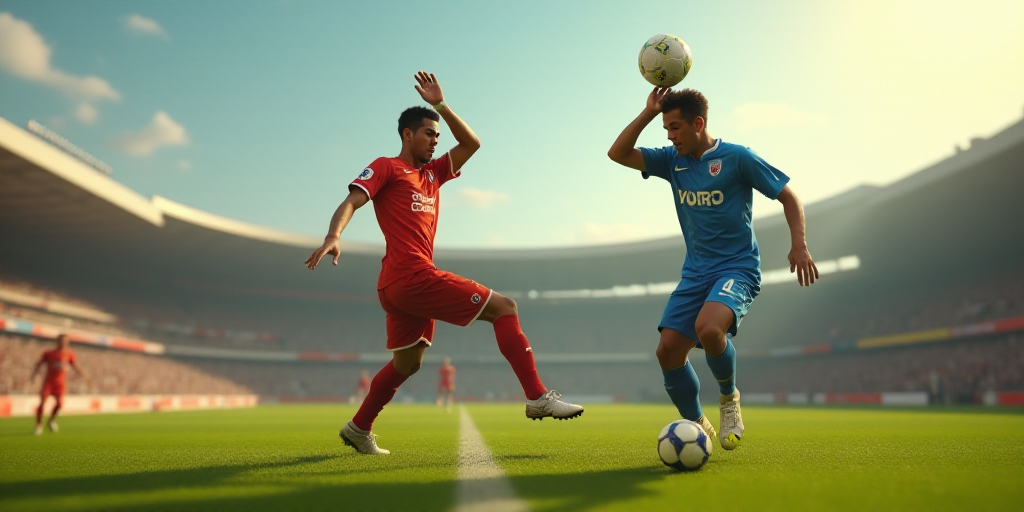 two men are playing soccer on a field with a ball in the air and one is holding his head, Estuardo M