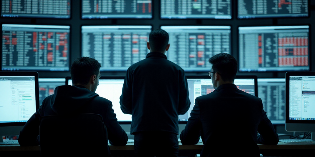 two men are sitting in front of a wall of monitors with numbers on them and a man in a black jacket