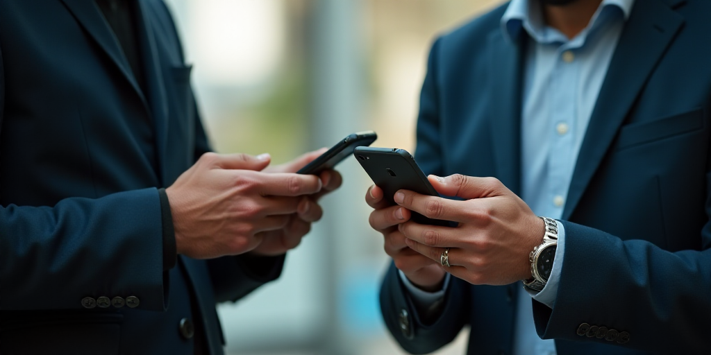 two men are using their cell phones together in a group of hands, one of them is holding a smart pho