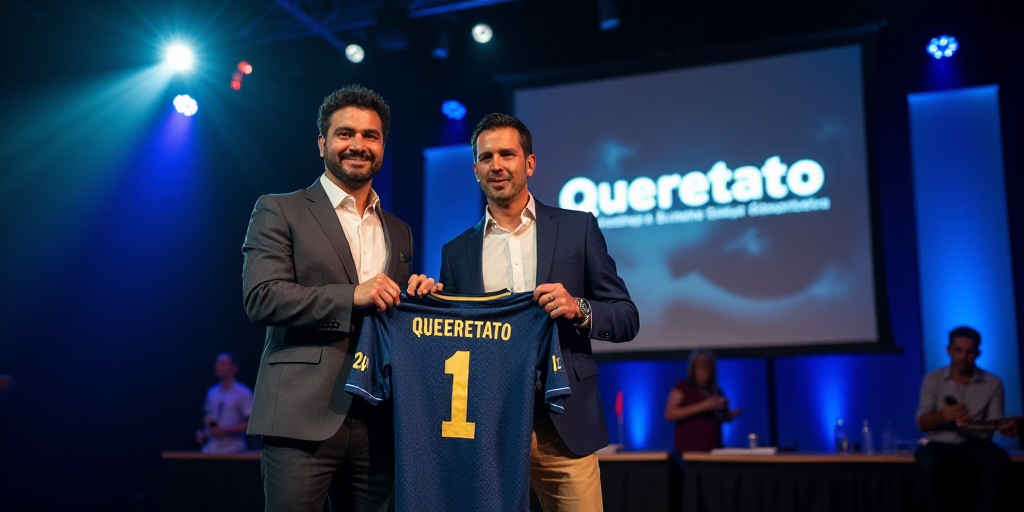 two men holding a jersey while standing next to each other on a stage with a screen behind them that