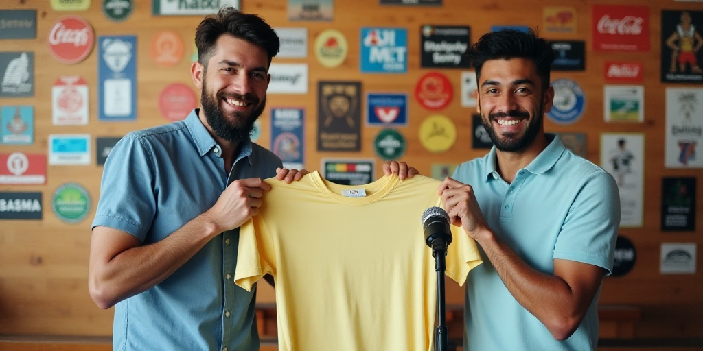 two men holding up a shirt in front of a wall of logos and a microphone in front of them, Emiliano P