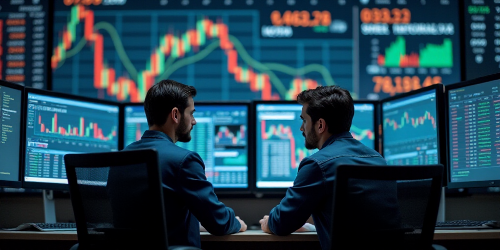 two men in a trading room looking at a computer screen with a stock market on it's wall, Andries Sto