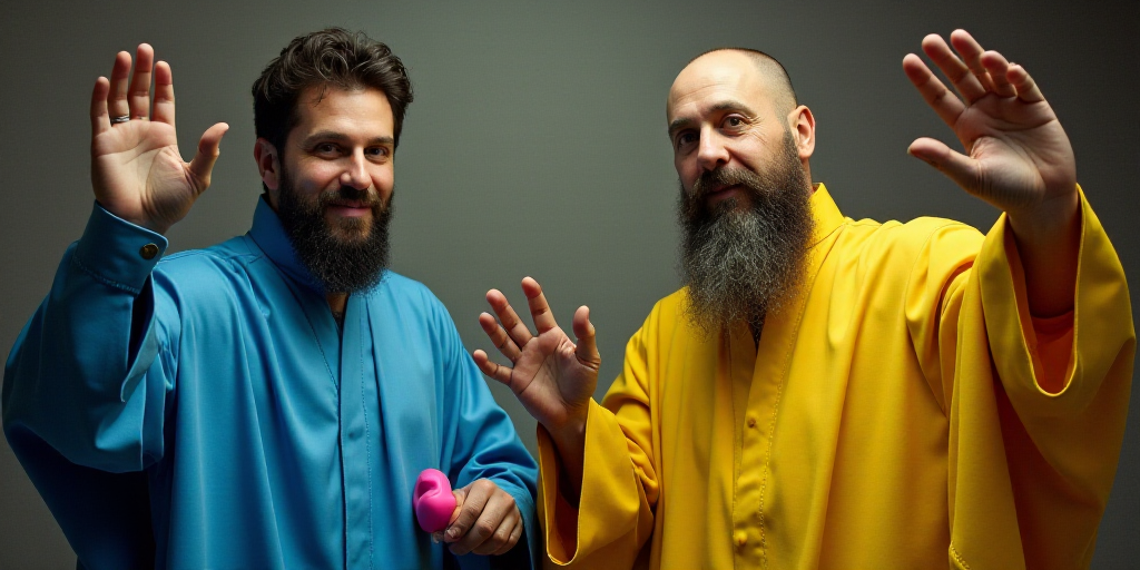 two men in blue and yellow robes are waving at the camera while one man holds a pink object in his h