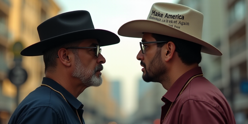 two men in hats and glasses are facing each other and one is wearing a hat with the words make ameri