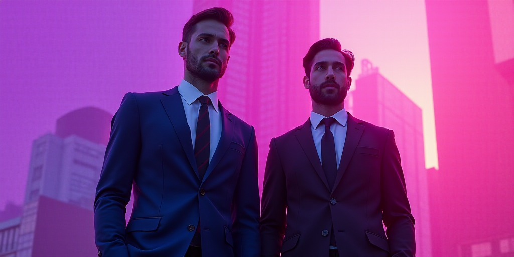 two men in suits and ties standing in front of a building with a purple background and a pink backgr