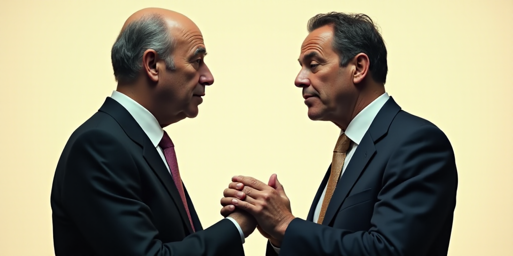 two men in suits and ties standing next to each other and talking to each other with their hands tog