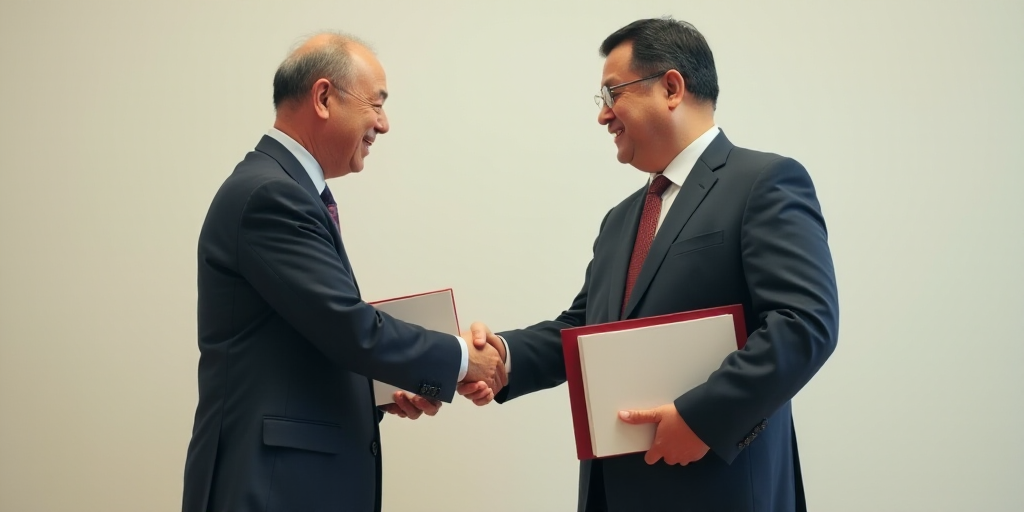 two men in suits are shaking hands with each other while holding folders and books in their hands,,