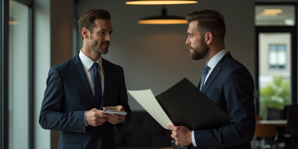 two men in suits are standing in an office and one is holding a piece of paper and the other is hold