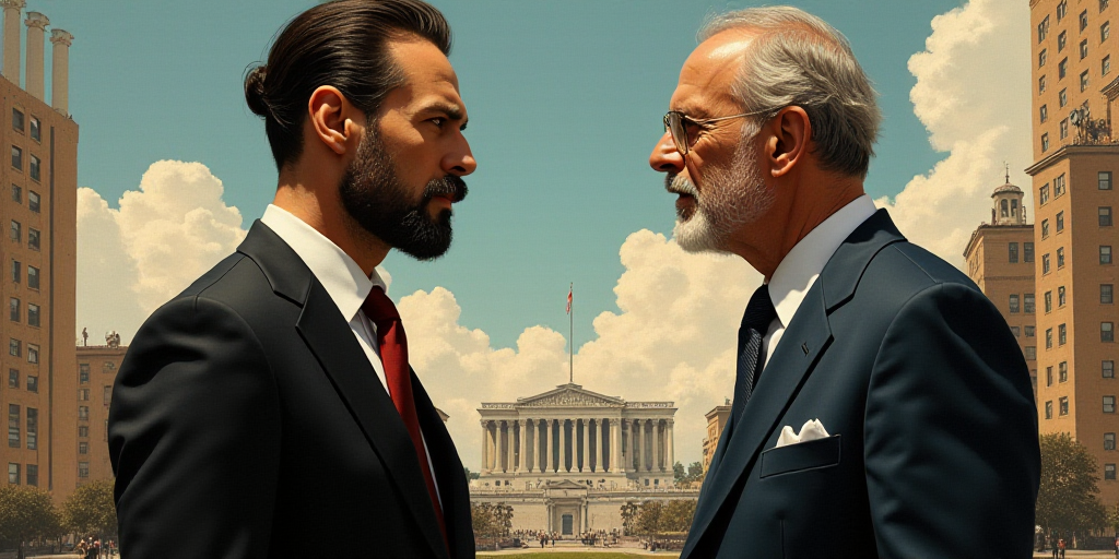 two men in suits facing each other with a city in the background and a building in the background wi