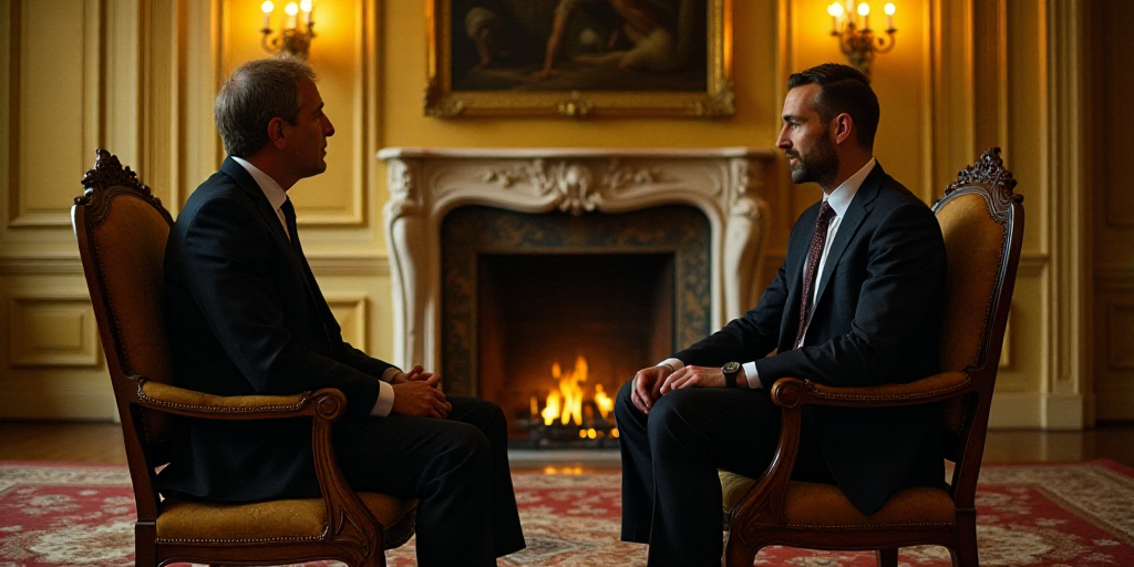 two men in suits sitting in chairs talking to each other in a room with gold walls and a fireplace,