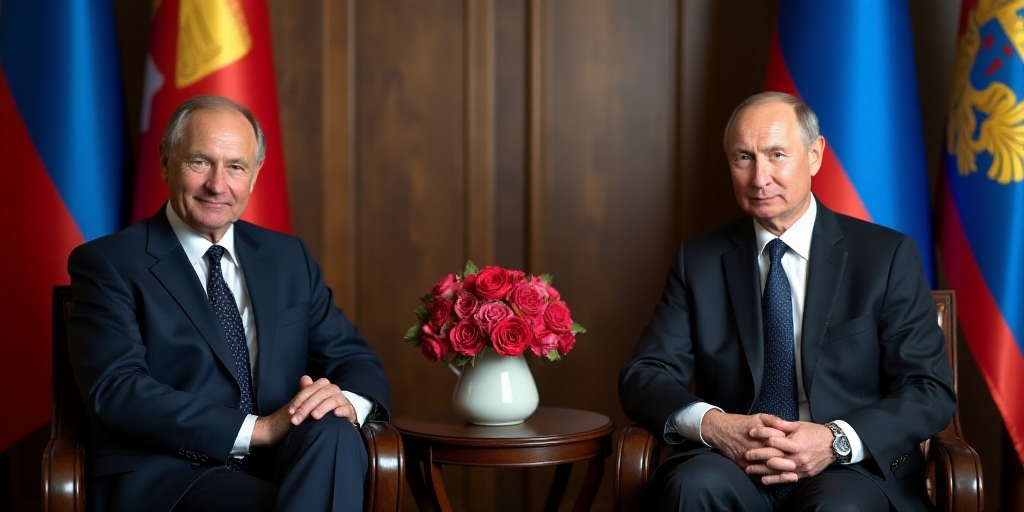 two men in suits sitting next to each other in front of flags and flowers in a vase with a flower in