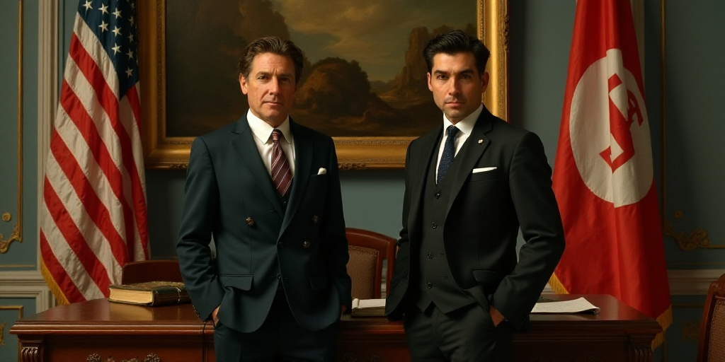 two men in suits standing in a room with flags and a painting on the wall behind them and a desk wit