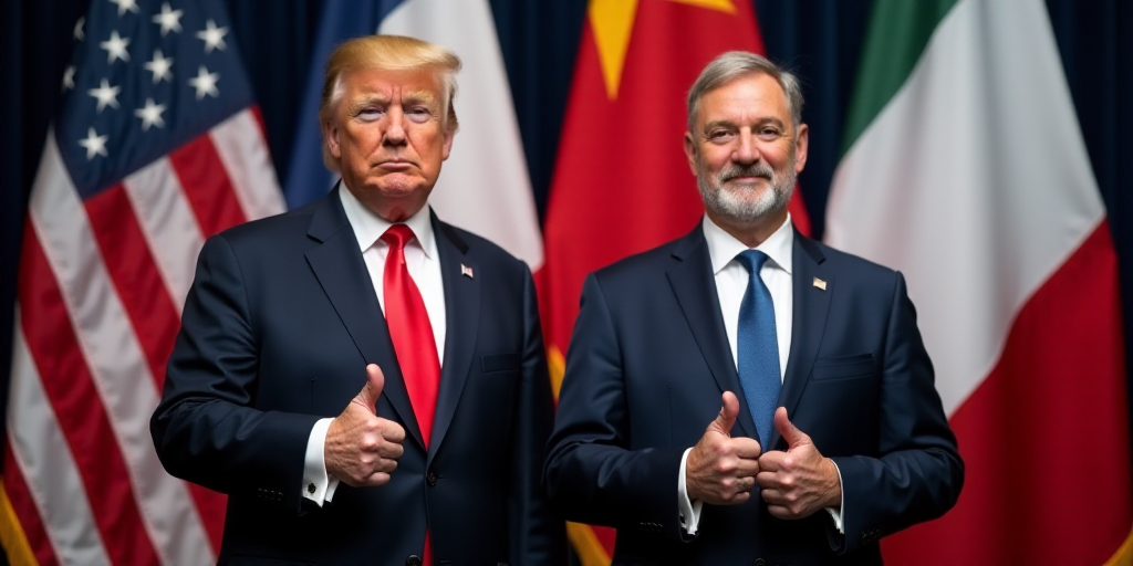 two men in suits standing in front of flags with thumbs up in front of them, one of them is a portra