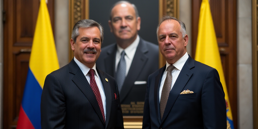 two men in suits standing next to each other in front of flags and a plaque with a picture of a man