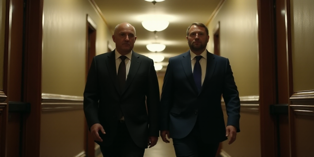 two men in suits walking down a hallway together, one of them is wearing a suit and the other is a t