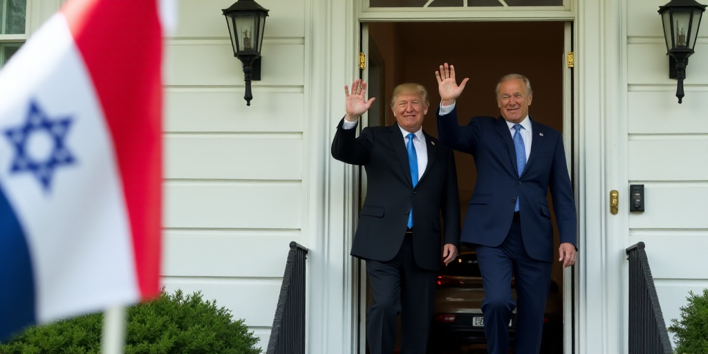 two men in suits wave from the doorway of a white house with a car in the background and a flag in t