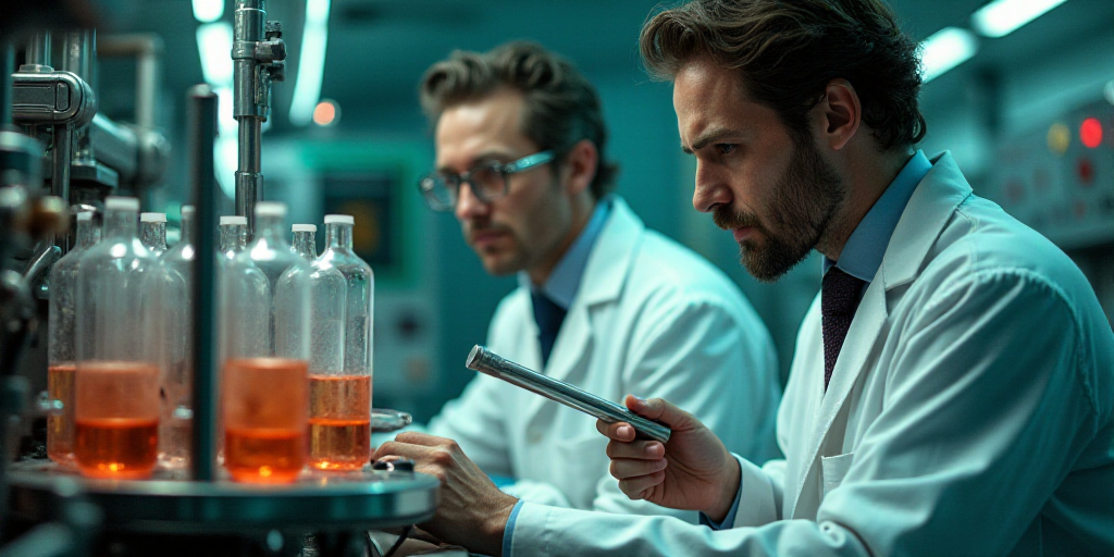 two men in white lab coats are looking at a machine with a lot of test tubes on it and a man in a wh