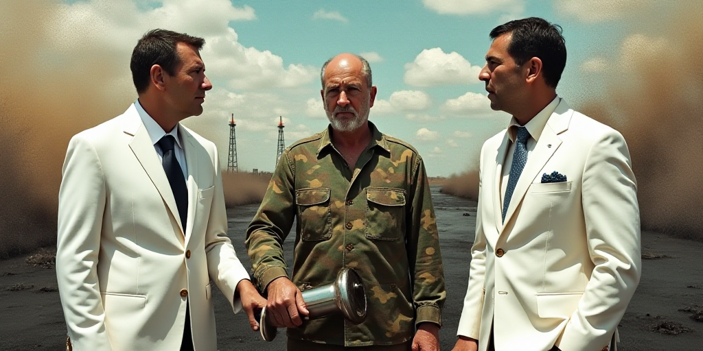 two men in white suits and one in camouflage holding a large metal object in his hand and another in