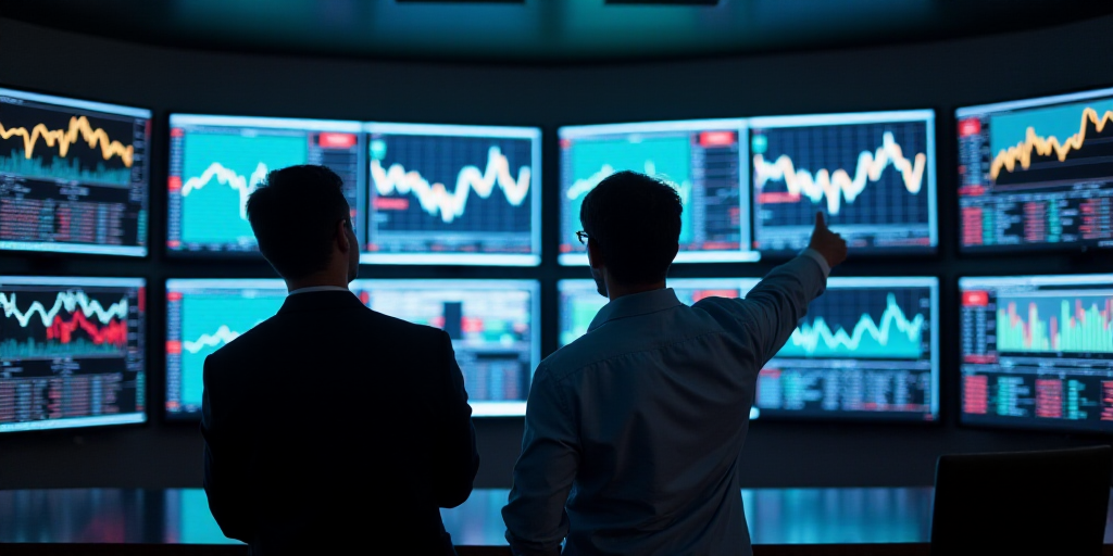 two men looking at a display of stock on a wall of monitors in a stock market, one pointing at the s