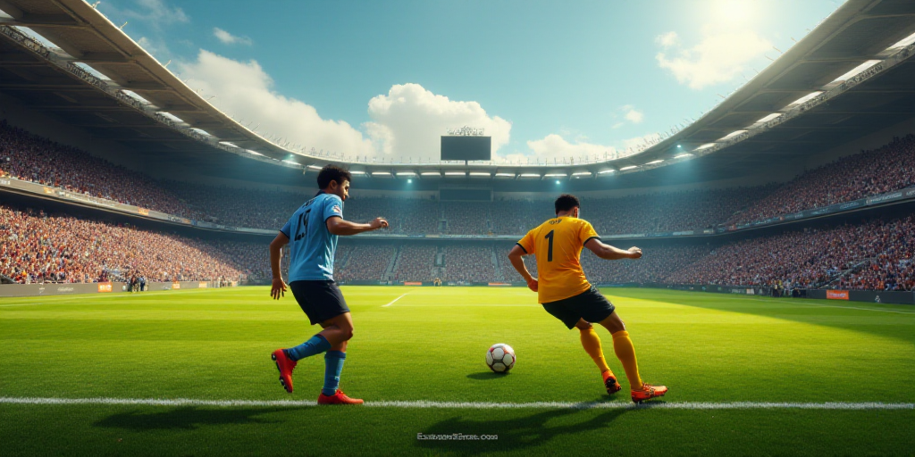 two men playing soccer on a field with a crowd watching them from the stands in the stands watching