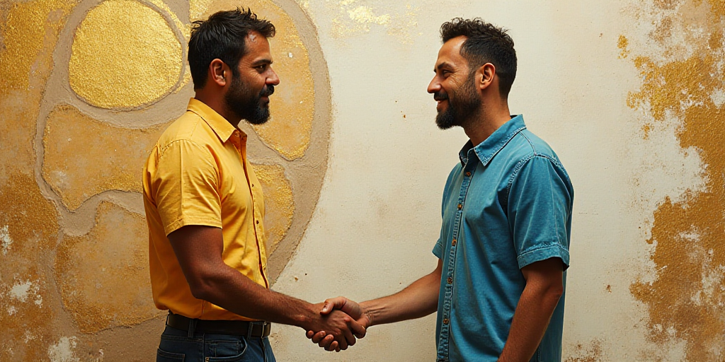 two men shaking hands in front of a wall with a mosaic pattern on it and a gold and white wall behin