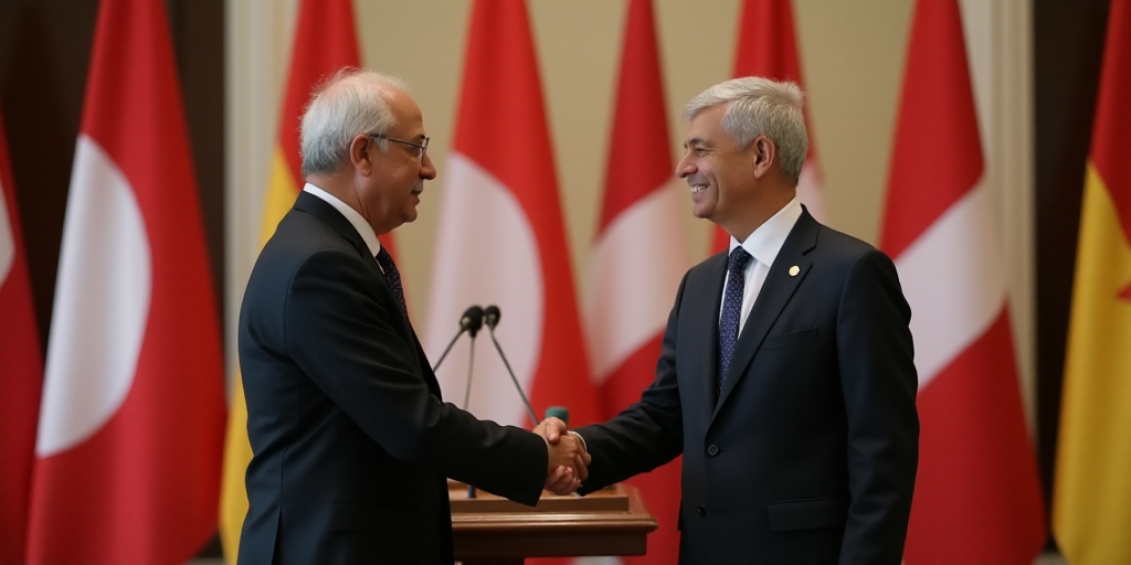 two men shaking hands in front of flags and a podium with a microphone in front of them and a man in
