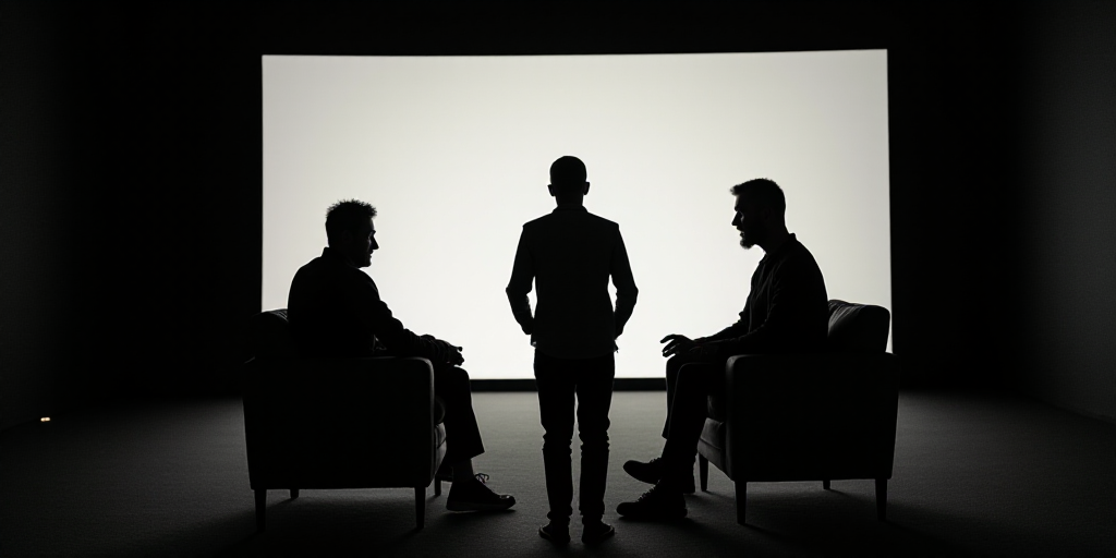 two men sitting in chairs talking on stage with a screen behind them and a man standing in front of