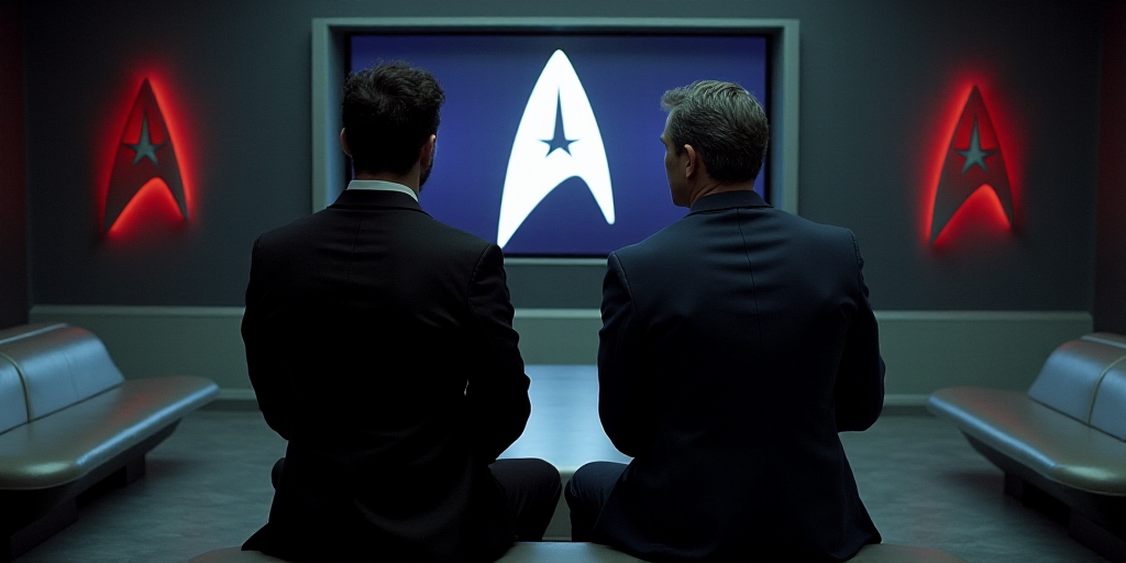 two men sitting on a bench in front of a tv screen with a star trek logo on it and a star trek logo