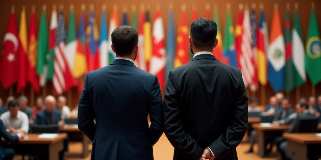 two men standing next to each other in front of flags of different countries and countries in a room