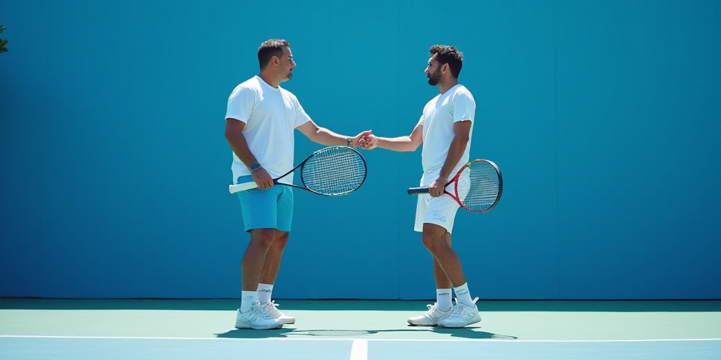 two men standing next to each other holding tennis racquets on a tennis court with a blue background