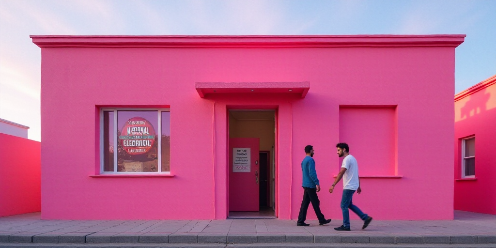 two men walking in front of a pink building with a sign that reads institution national electrical c