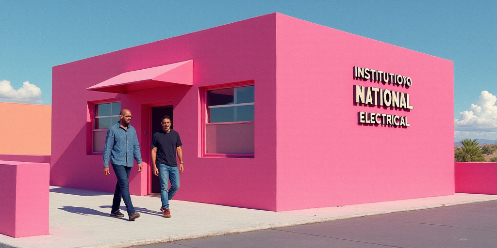 two men walking out of a pink building with a sign that says institution national electrical on it's