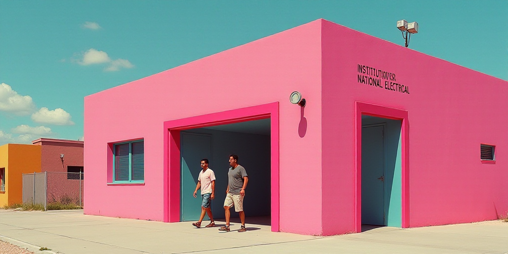 two men walking out of a pink building with a sign that says institution national electrical on it's