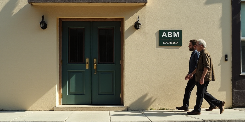 two men walking past a building with a door and a sign on it that says abm on the side of the buildi